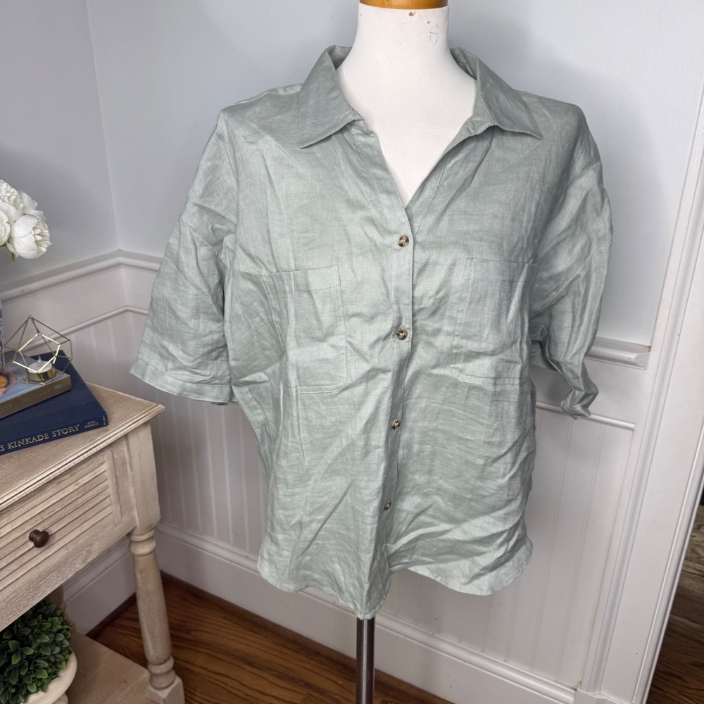 Charlie B Sage Green 100% Linen Short Sleeve Button Down Shirt XL‎ C4486-595B